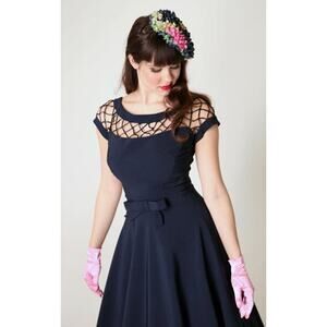 Tatyana Alika Circle Dress Womens XS Navy Blue Lattice Neckline New Pinup Retro